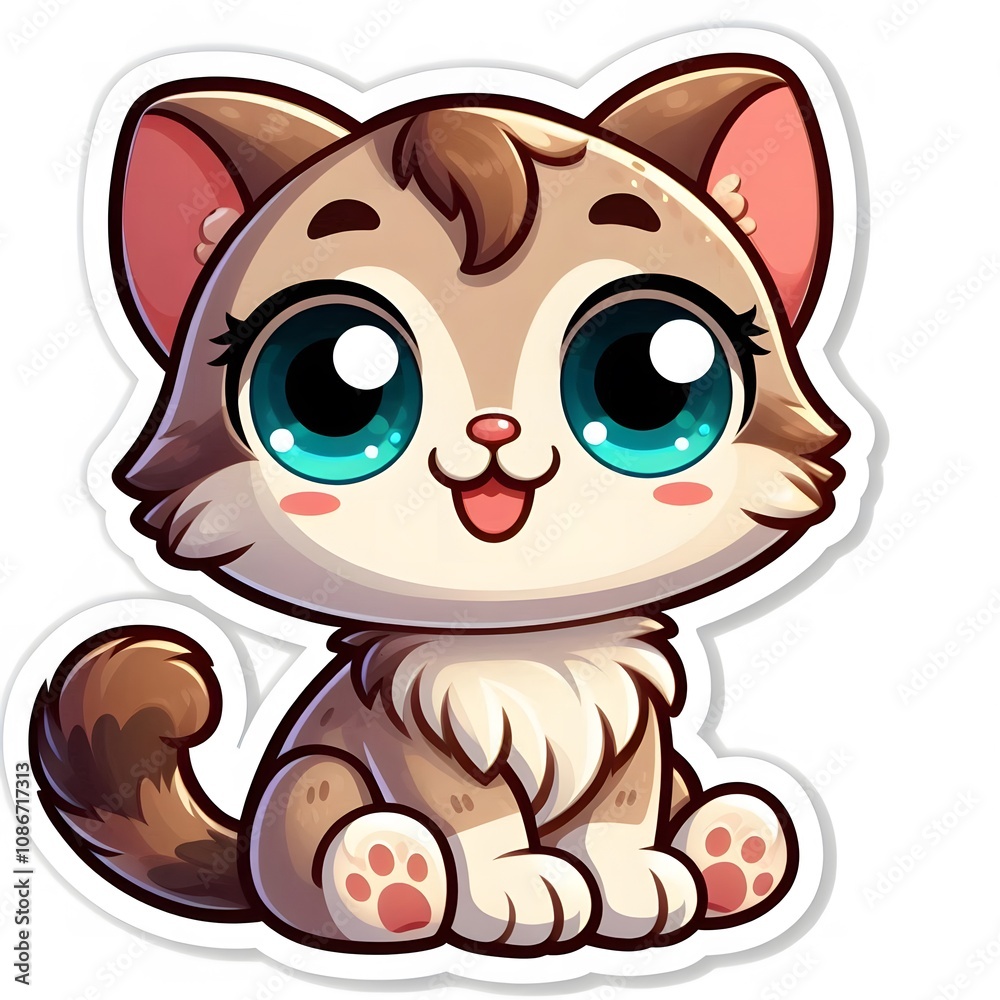 Fototapeta premium AI Generate of Sticker Kitten or Cat Cub in cartoon style with a happy expression, isolated in white background
