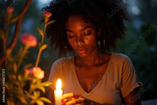 Woman Planting Flowers by Candlelight in Chiaroscuro Lighting photo