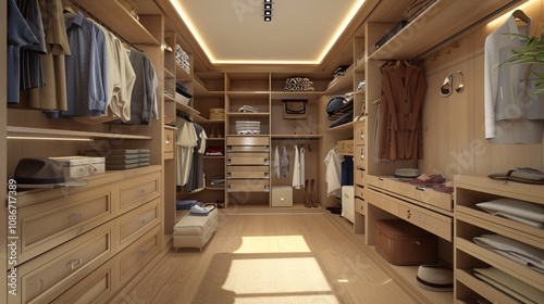 Modern Walk-In Closet with Wooden Shelves and Drawers