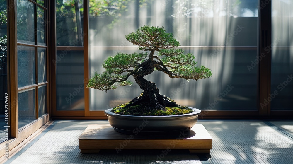 A serene bonsai tree displayed in a tranquil indoor setting, highlighting nature's beauty. A serene bonsai tree displayed in a tranquil indoor setting, highlighting nature's beauty.