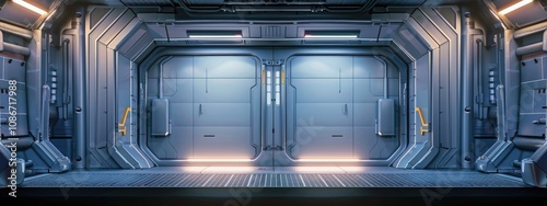 Metal sliding doors of a futuristic spaceship. Cartoon illustration.