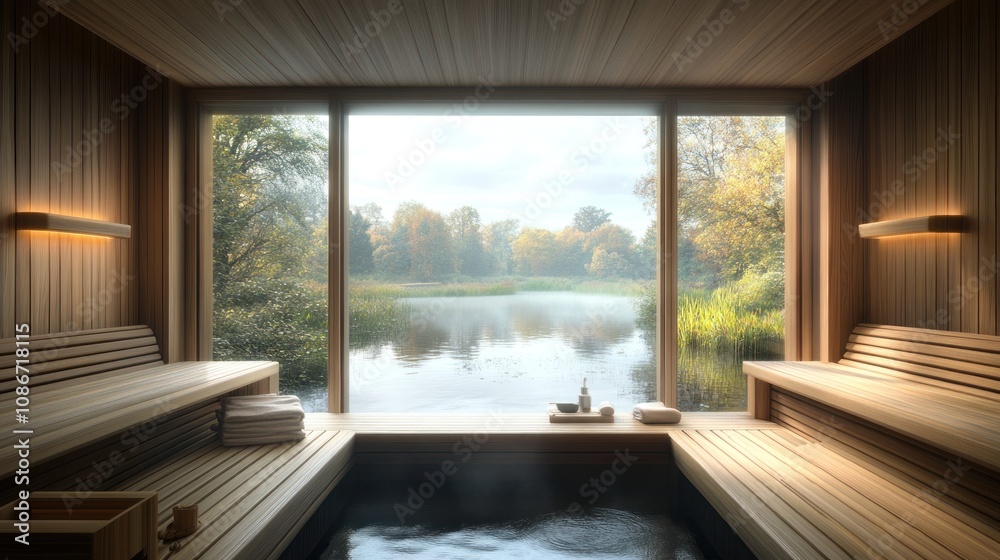 A serene sauna overlooking a tranquil lake surrounded by autumn foliage. A serene sauna overlooking a tranquil lake surrounded by autumn foliage.