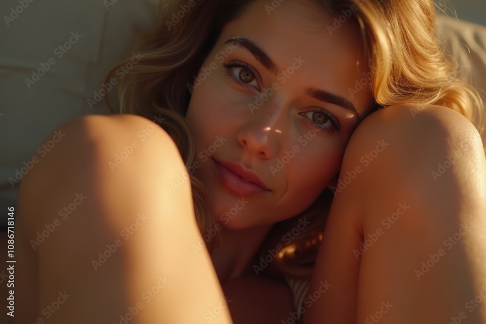 Obraz premium Woman in Golden Hour Light with Knees Framing Her Face