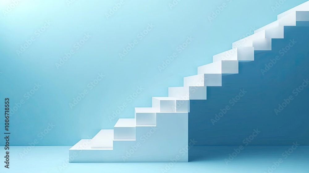 A minimalist white staircase against a serene blue backdrop, creating a sense of calm and elevation. A minimalist white staircase against a serene blue backdrop, creating a sense of calm and elevation.