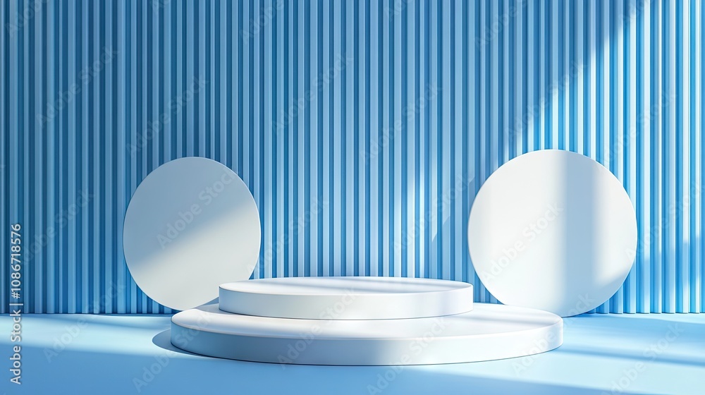 Minimalist studio setting with circular and rounded podiums against a blue striped background, creating a serene and modern atmosphere.