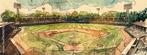 The landscape of a baseball stadium painted in watercolor. Retro or vintage illustration