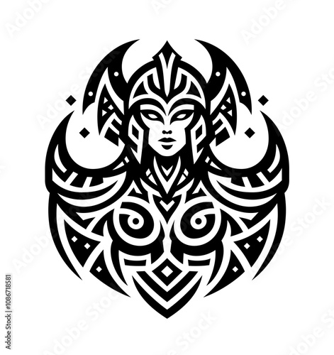 A female warrior in decorative armor. Patterned isolated on white vector illustration.  photo