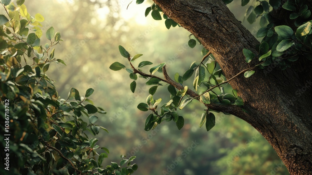 Fototapeta premium Close-up of a textured tree trunk with lush green leaves illuminated by soft morning light.