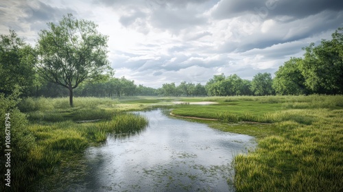 A serene landscape featuring a tranquil river winding through lush greenery under a cloudy sky.