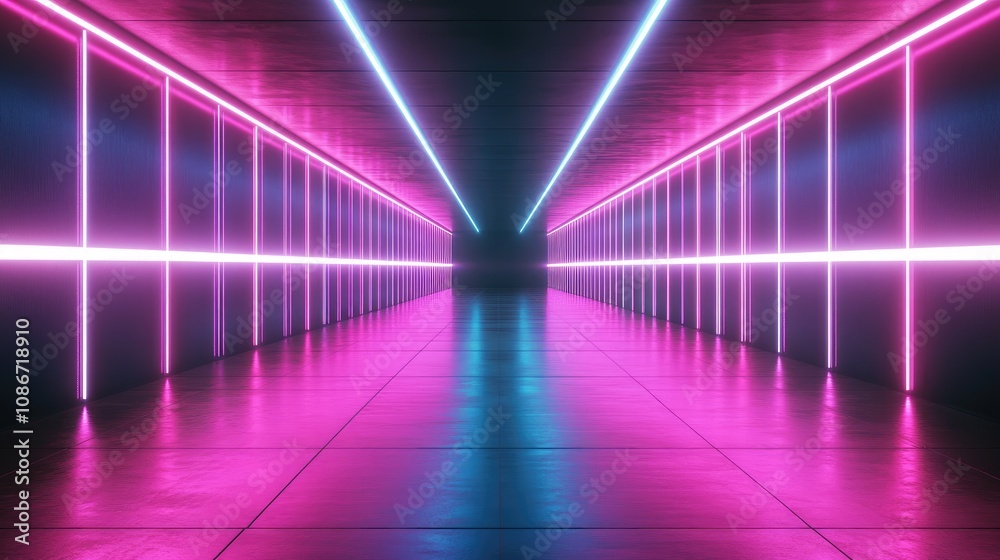 A vibrant corridor illuminated with pink and blue neon lights, creating a futuristic atmosphere. A vibrant corridor illuminated with pink and blue neon lights, creating a futuristic atmosphere.