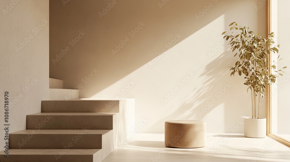 A serene interior with soft tones, featuring a cozy stool and a potted plant, illuminated by gentle sunlight. A serene interior with soft tones, featuring a cozy stool and a potted plant, illuminated by gentle sunlight.