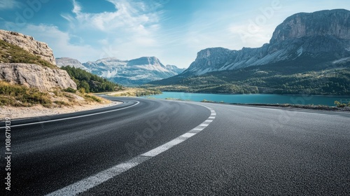 A serene winding road leads through stunning mountainous landscape and a tranquil lake under a clear blue sky.