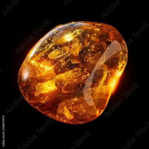 Amber Crystal Isolated, Golden Amber Pebble on Black photo