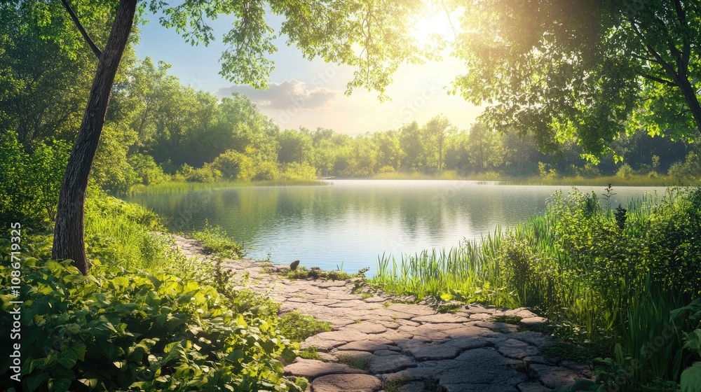 A serene view of a tranquil lake surrounded by lush greenery under a warm, golden sunrise. A serene view of a tranquil lake surrounded by lush greenery under a warm, golden sunrise.