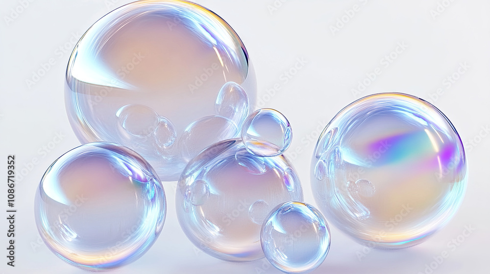 Abstract translucent iridescent and pearlescent glass bubbles against a white background, hyper-realistic high-resolution style, showcasing exquisite texture and light refraction. Abstract translucent iridescent and pearlescent glass bubbles against a white background, hyper-realistic high-resolution style, showcasing exquisite texture and light refraction.