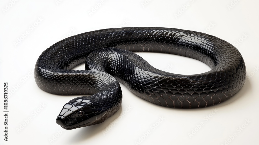 Obraz premium A sleek black snake gracefully coiled against a light background, showcasing its glossy scales and striking features.
