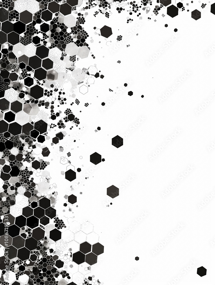 High-Tech Slide Deck Border with Black Hexagons Dissolving into Fractal Patterns on White Background High-Tech Slide Deck Border with Black Hexagons Dissolving into Fractal Patterns on White Background