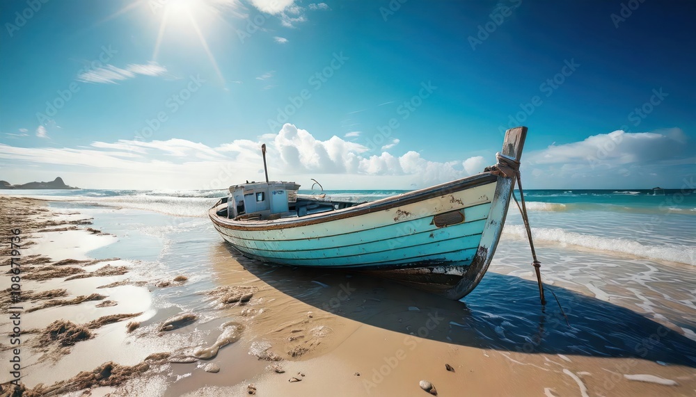Fototapeta premium Canoe on the tropical sandy beach. Beautiful summer landscape of tropical island with boat in ocean. Transition of sandy beach into turquoise water. Travel and vacation concept.