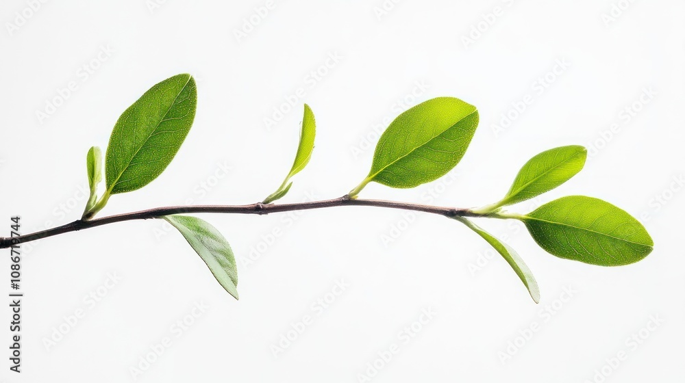 A delicate green branch with fresh leaves against a light background. A delicate green branch with fresh leaves against a light background.