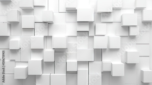 Abstract composition of white cubes arranged in a dynamic, three-dimensional pattern.