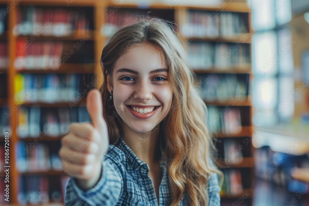 Student Girl Showing Thumbs Up, Young Woman in Library with Positive Gesture, Generative AI Illustration Student Girl Showing Thumbs Up, Young Woman in Library with Positive Gesture, Generative AI Illustration