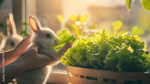 A person holds a rabbit munching on lettuce by a window with plants.