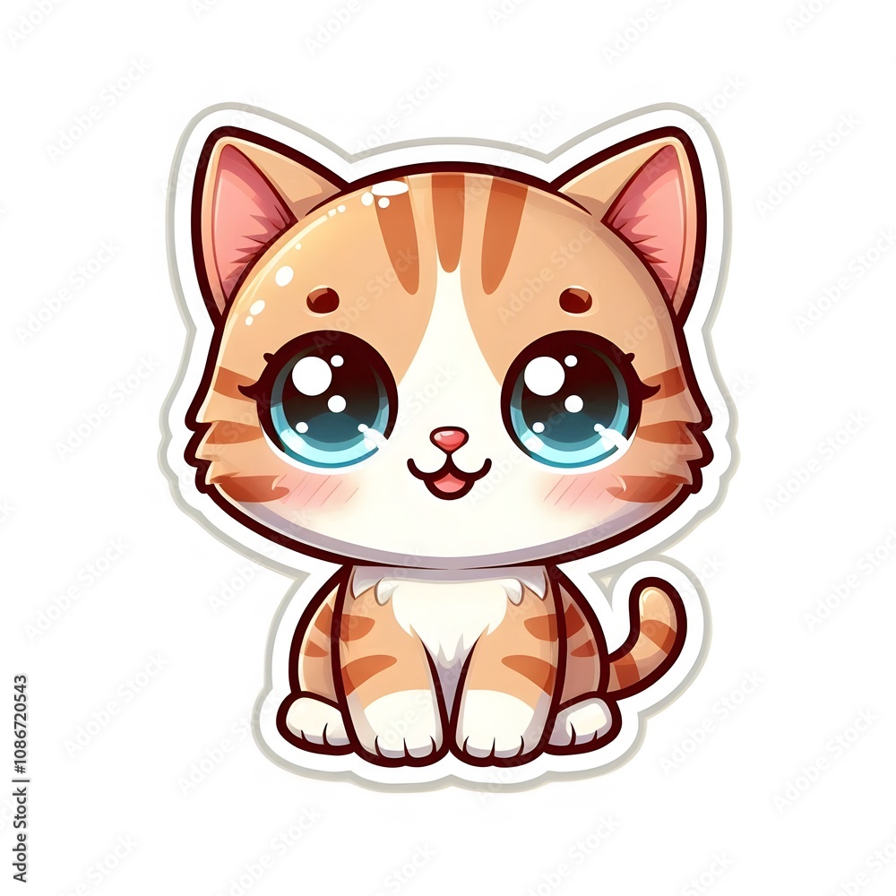 Fototapeta premium AI Generate of Sticker Kitten or Cat Cub in cartoon style with a happy expression, isolated in white background