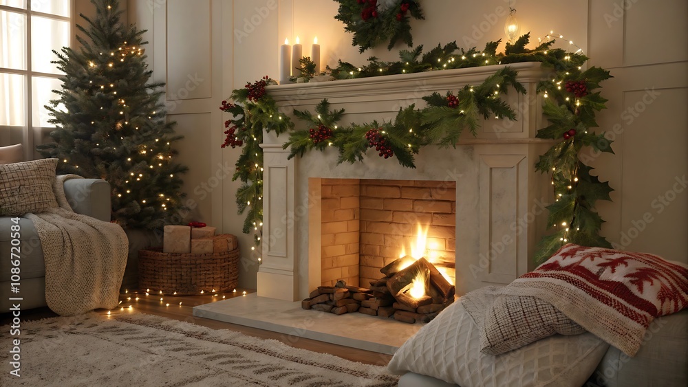 A classic fireplace with stockings hanging creates a cozy winter vibe, perfect for a traditional holiday evening. A classic fireplace with stockings hanging creates a cozy winter vibe, perfect for a traditional holiday evening.