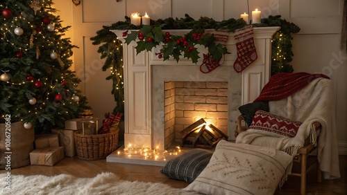 A classic fireplace with stockings hanging creates a cozy winter vibe, perfect for a traditional holiday evening. photo