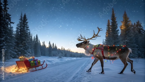 A team of reindeer, adorned with vibrant Christmas lights, pulls a sleigh through a snowy forest under a starry sky. photo