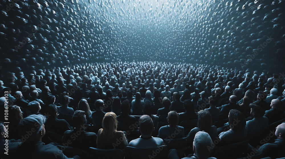 Obraz premium Rows of Floating Seats Hovering Above a Packed Seminar Hall, with Speakers Addressing the Audience from Below 