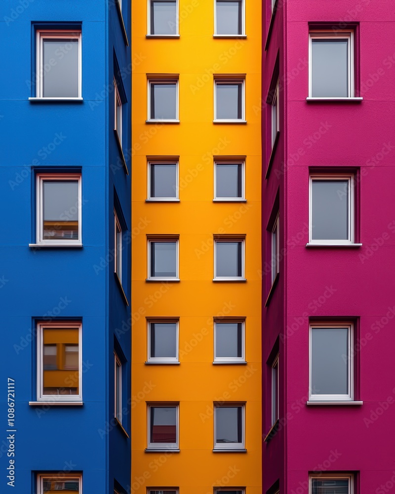 Fototapeta premium A vibrant image showcasing a colorful building with blue, yellow, and pink walls, featuring a series of rectangular windows in a symmetrical arrangement.