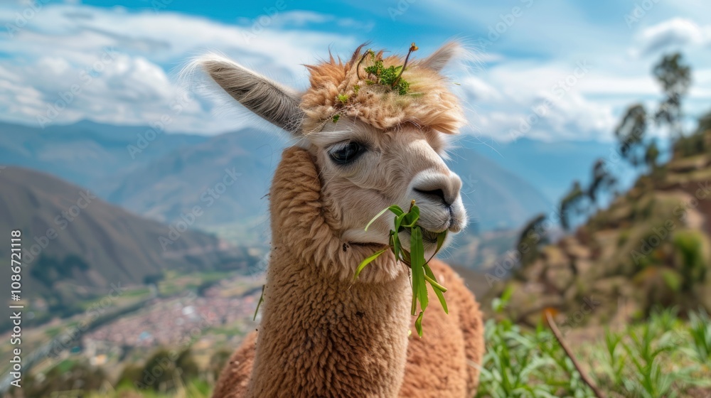 Obraz premium Alpaca Grazing in the Andes