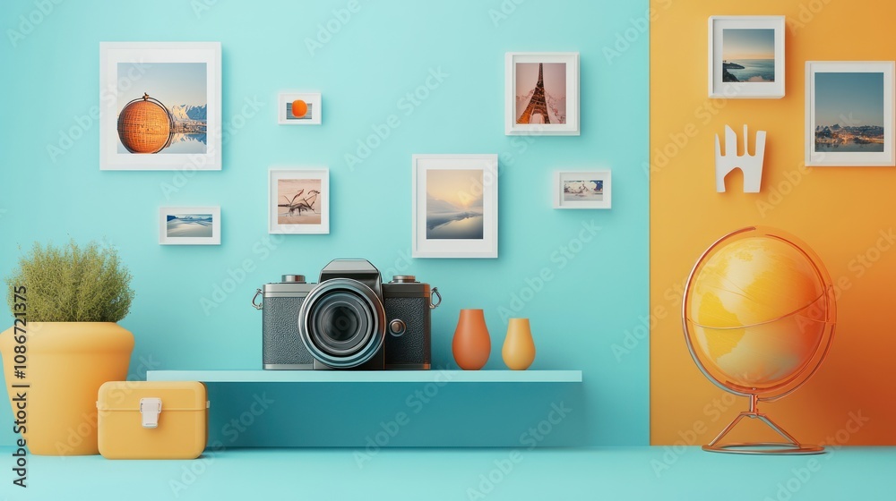 A stylish interior setup featuring a camera, decorative items, and framed photos. A stylish interior setup featuring a camera, decorative items, and framed photos.