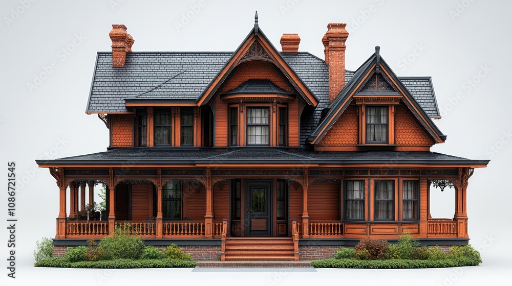 3D model of a classic Victorian home with intricate woodwork and a gabled roof, isolated on white. 3D model of a classic Victorian home with intricate woodwork and a gabled roof, isolated on white.