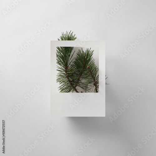 Pine branches are artfully arranged within a square white frame, creating a simple yet elegant holiday decoration