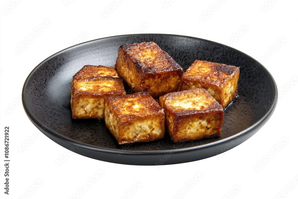 Pan Fried Tofu Cubes On A Black Plate
