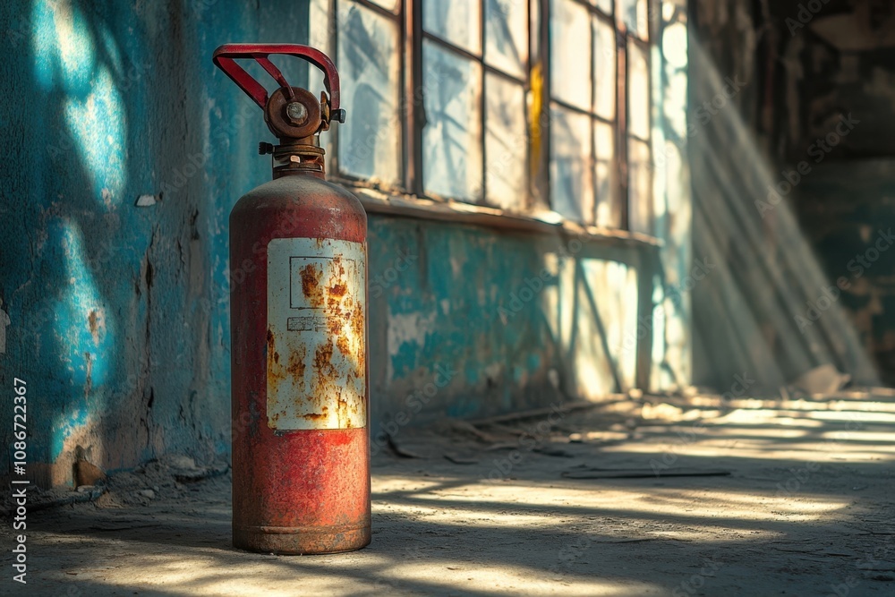 An old, rusted fire extinguisher in an abandoned building, with sunlight streaming through broken windows. This image highlights decay, neglect, and the forgotten necessity of safety equipment An old, rusted fire extinguisher in an abandoned building, with sunlight streaming through broken windows. This image highlights decay, neglect, and the forgotten necessity of safety equipment