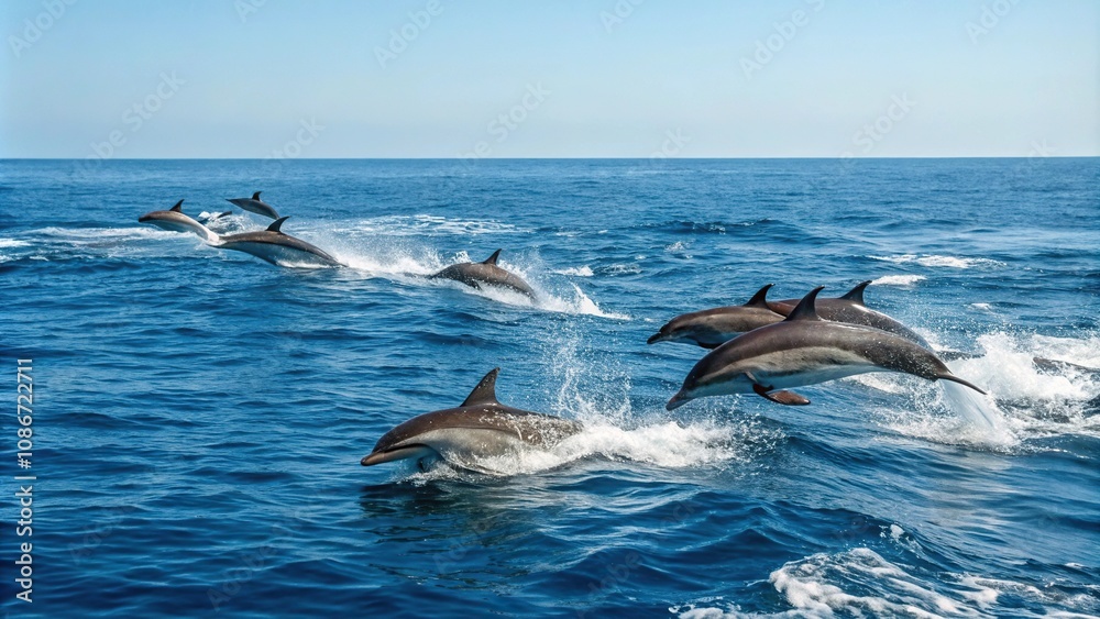 Naklejka premium * A pod of dolphins swimming together in the open ocean, waves, aquatic