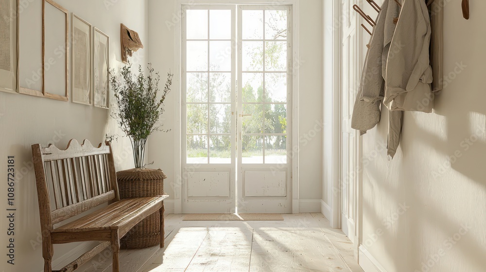 Classic farmhouse hallway in white with a wooden bench and coat rack by a glass door. Classic farmhouse hallway in white with a wooden bench and coat rack by a glass door.