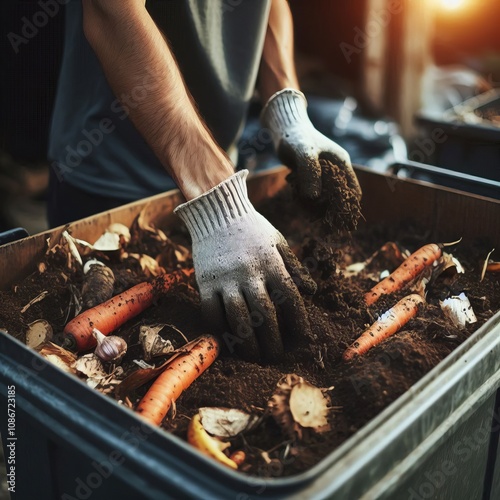 Close up of a person with a compost bin turning waste into nutri