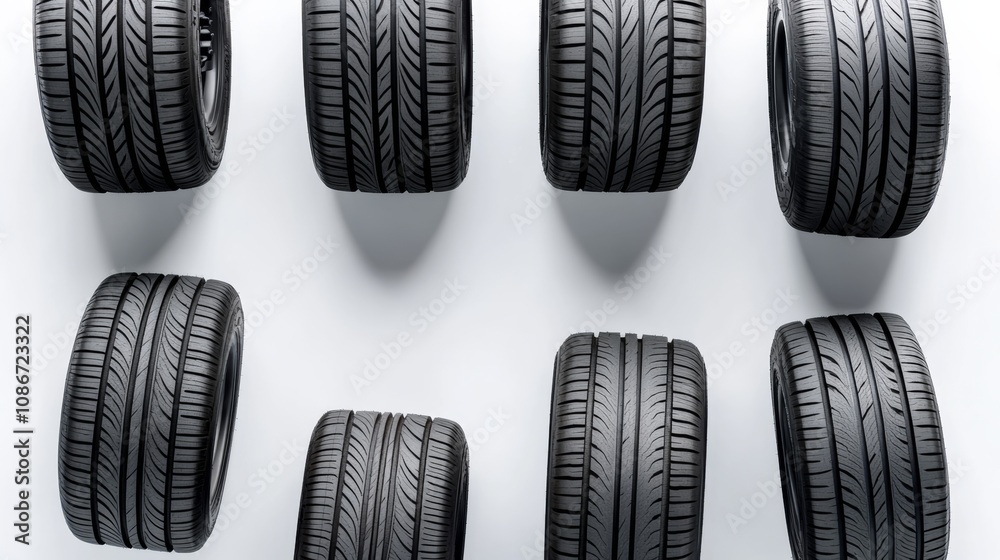 Row of tires with different sizes and treads. The tires are arranged in a way that they look like they are hanging from a wall Row of tires with different sizes and treads. The tires are arranged in a way that they look like they are hanging from a wall