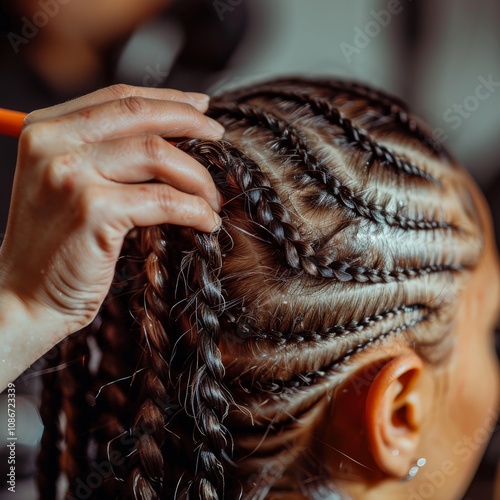 Professional stylist hands braiding client's hair in salon closeup, african pigtails, hairstyle braid photo