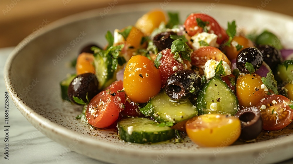 Fresh Greek Salad with Colorful Tomatoes, Cucumbers, Olives, and Feta Cheese