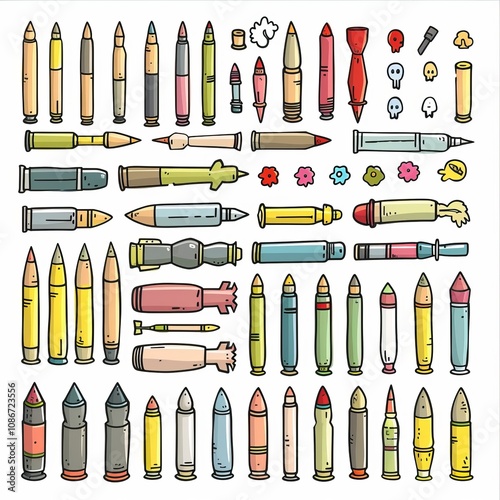 Bullet icon, doodle shell symbol, sketched military cartridge, emotional horror gun sleeve, weapon sign photo