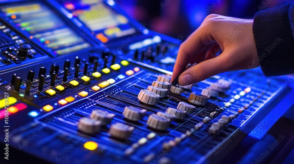 A close-up of a hand adjusting audio controls on a mixing console during a performance. A close-up of a hand adjusting audio controls on a mixing console during a performance.