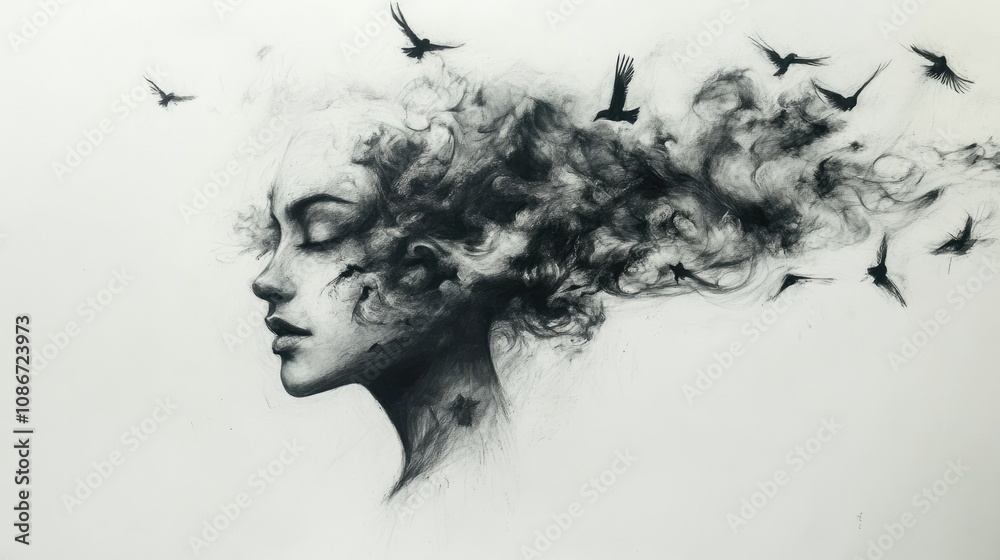 Fototapeta premium Woman Transformed into Smoke and Birds
