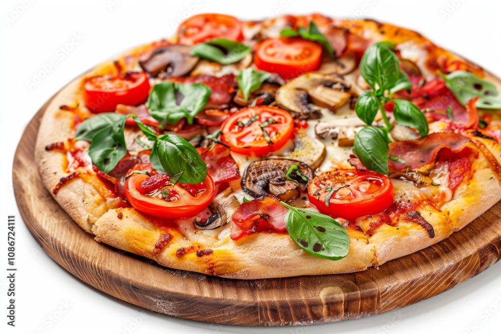 Canadian Pizza or Regina with Bacon, Tomatoes, Boletus Mushrooms, Fresh Basil, Tomato Sauce Canadian Pizza or Regina with Bacon, Tomatoes, Boletus Mushrooms, Fresh Basil, Tomato Sauce