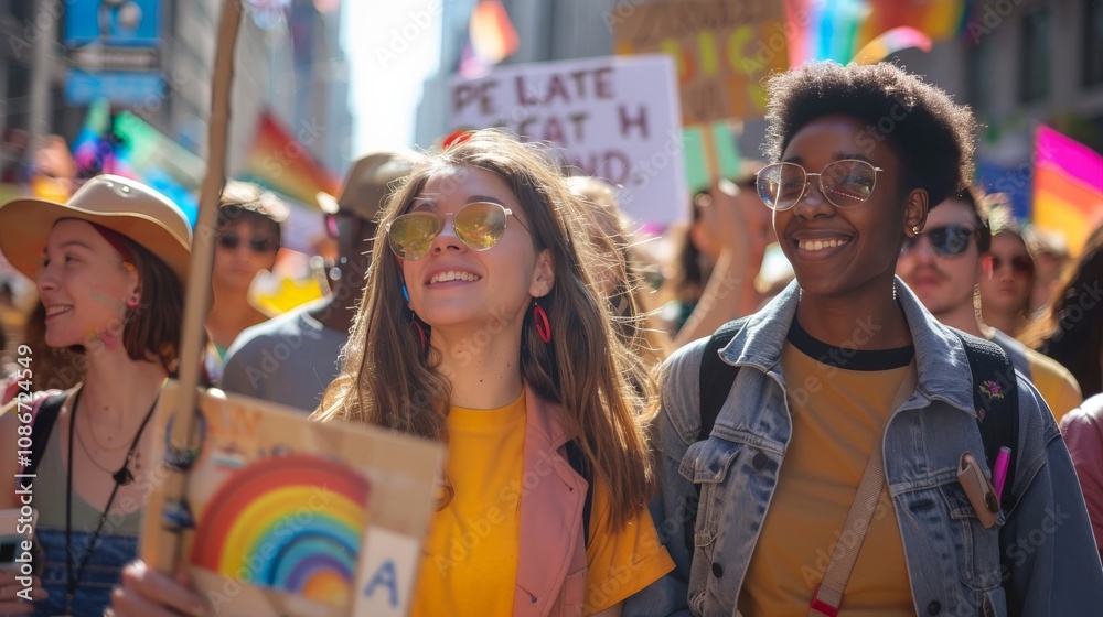 A group of LGBTQ activists holding signs and marching together at a rally, united for equality A group of LGBTQ activists holding signs and marching together at a rally, united for equality