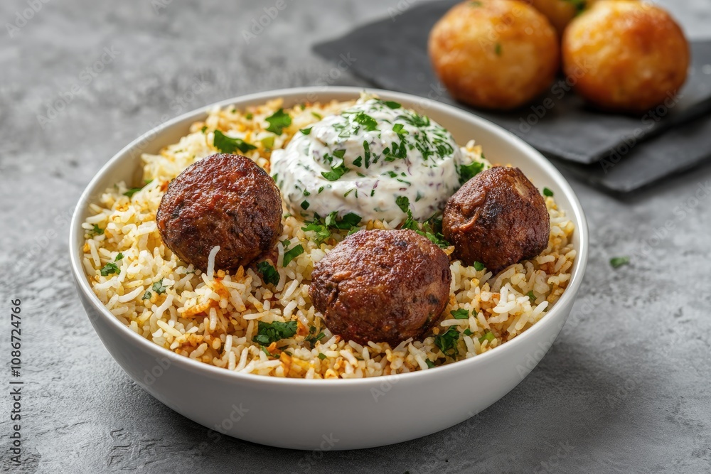 Meatballs served over rice with creamy sauce and garnish Meatballs served over rice with creamy sauce and garnish